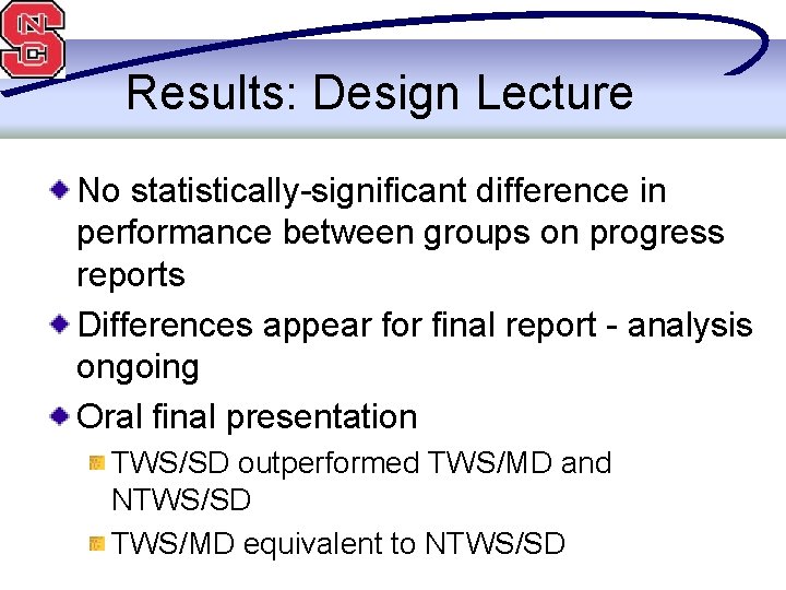 Results: Design Lecture No statistically-significant difference in performance between groups on progress reports Differences