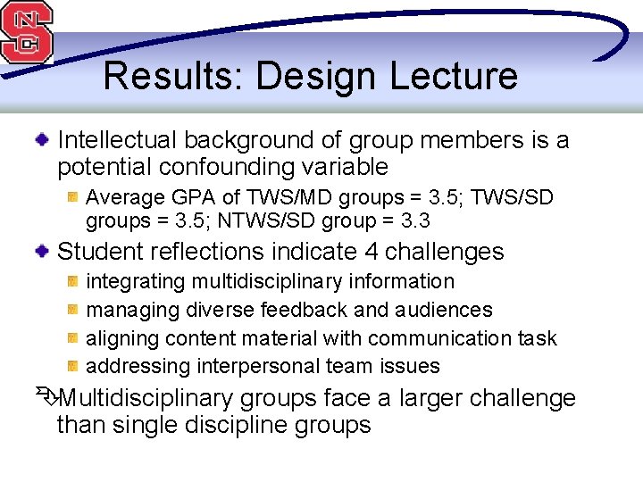 Results: Design Lecture Intellectual background of group members is a potential confounding variable Average
