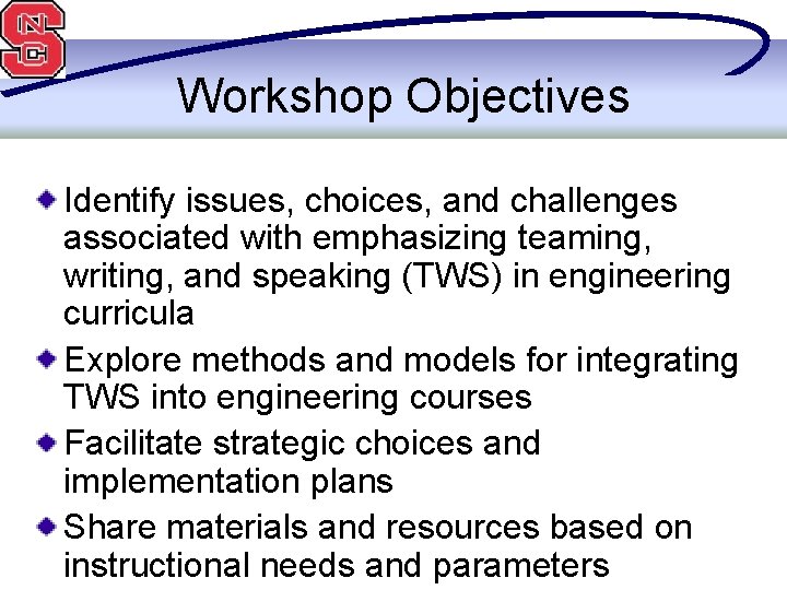 Workshop Objectives Identify issues, choices, and challenges associated with emphasizing teaming, writing, and speaking