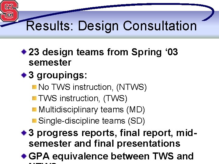 Results: Design Consultation 23 design teams from Spring ‘ 03 semester 3 groupings: No