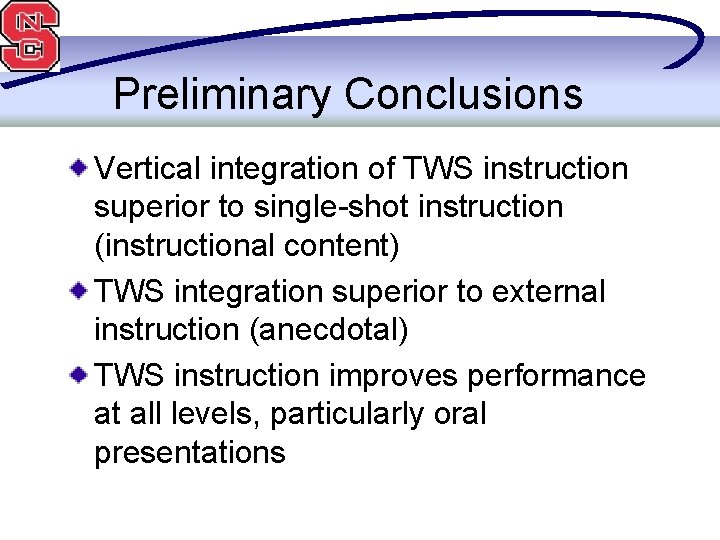 Preliminary Conclusions Vertical integration of TWS instruction superior to single-shot instruction (instructional content) TWS