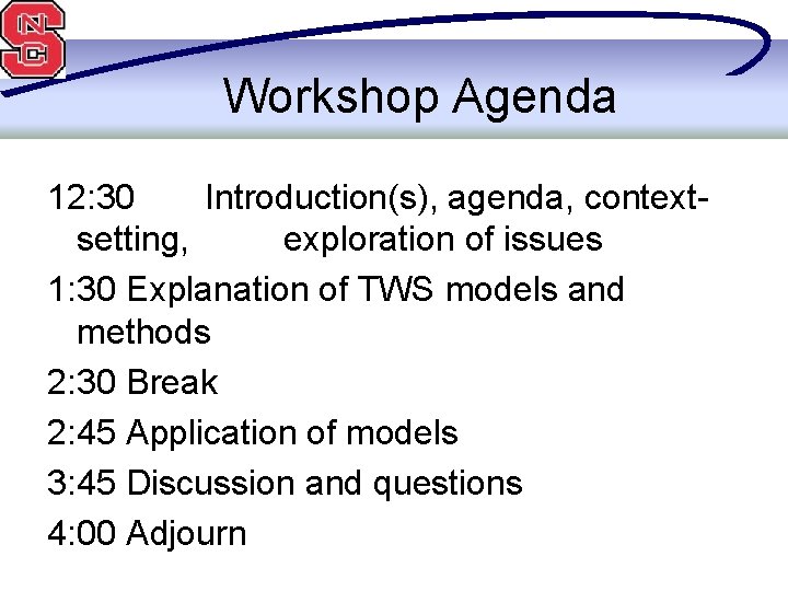 Workshop Agenda 12: 30 Introduction(s), agenda, contextsetting, exploration of issues 1: 30 Explanation of