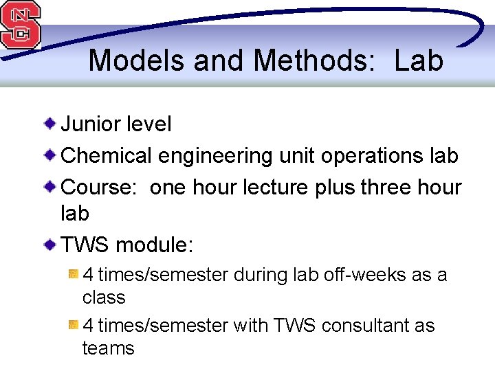 Models and Methods: Lab Junior level Chemical engineering unit operations lab Course: one hour