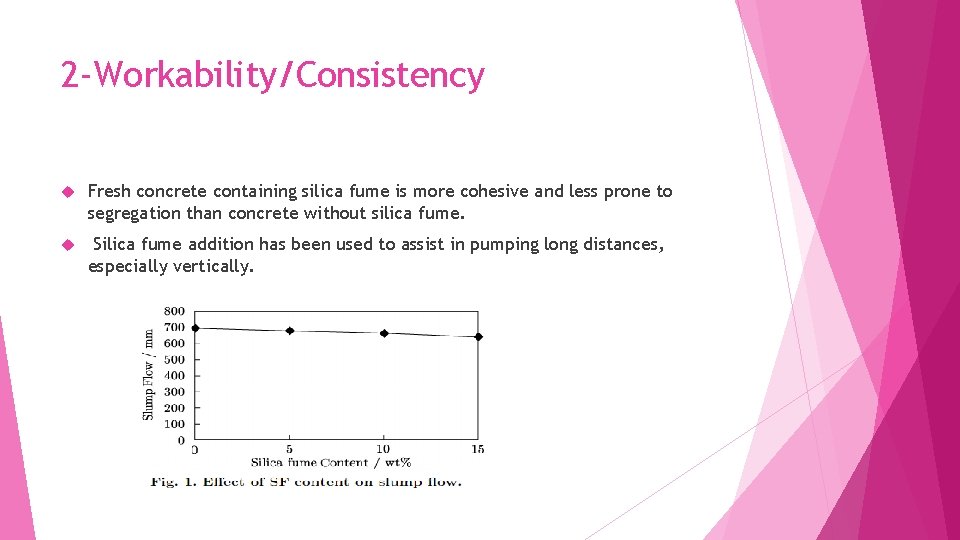 2 -Workability/Consistency Fresh concrete containing silica fume is more cohesive and less prone to