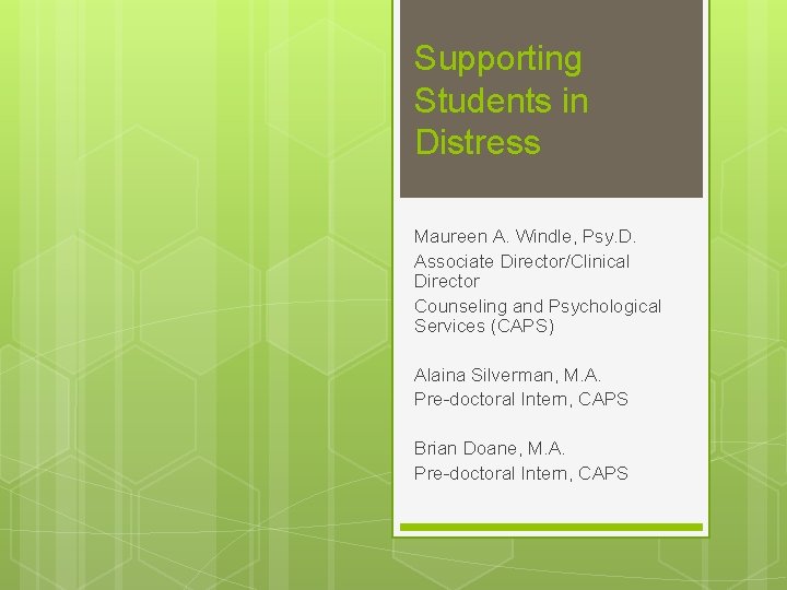 Supporting Students in Distress Maureen A. Windle, Psy. D. Associate Director/Clinical Director Counseling and