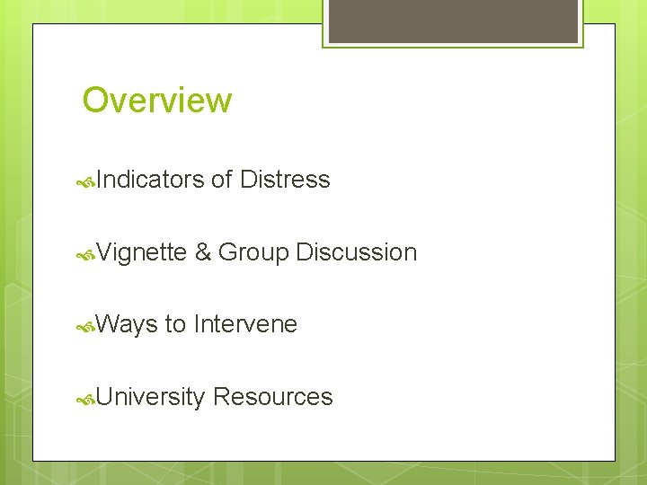 Overview Indicators Vignette Ways of Distress & Group Discussion to Intervene University Resources 