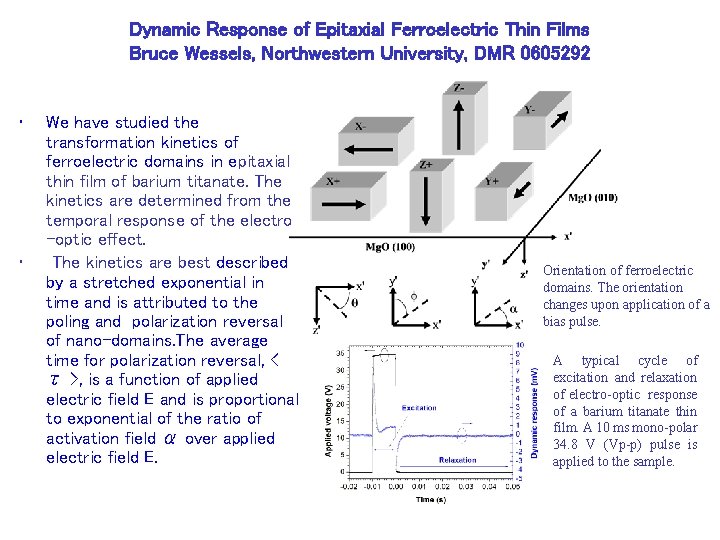 Dynamic Response of Epitaxial Ferroelectric Thin Films Bruce Wessels, Northwestern University, DMR 0605292 •