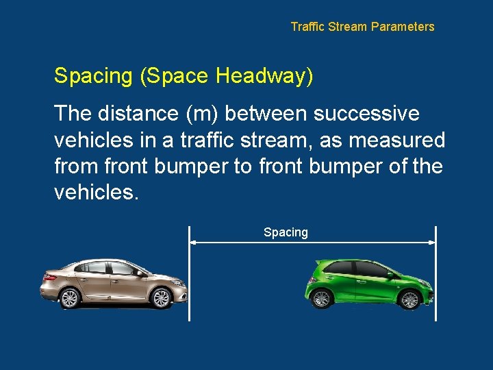Traffic Stream Parameters Spacing (Space Headway) The distance (m) between successive vehicles in a