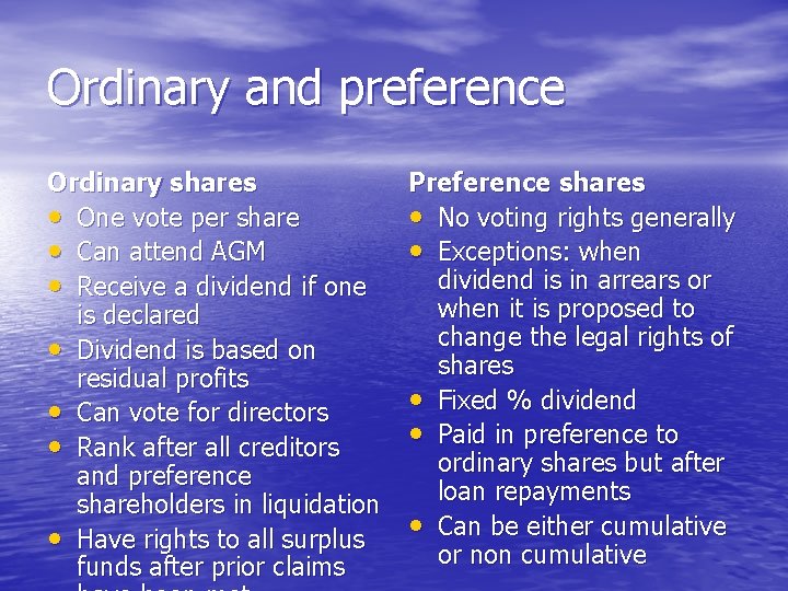 Ordinary and preference Ordinary shares • One vote per share • Can attend AGM