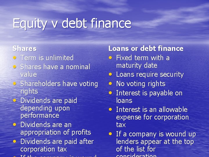 Equity v debt finance Shares • Term is unlimited • Shares have a nominal