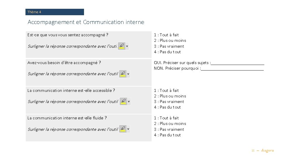 Thème 4 Accompagnement et Communication interne Est-ce que vous sentez accompagné ? Surligner la