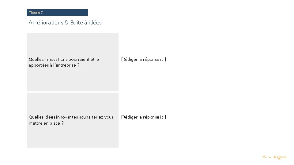 Thème 7 Améliorations & Boîte à idées Quelles innovations pourraient être apportées à l’entreprise