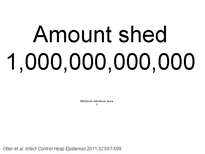 Amount shed 1, 000, 000 Minimum infectious dose 1 Otter et al. Infect Control