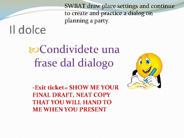 Il dolce SWBAT draw place settings and continue to create and practice a dialog