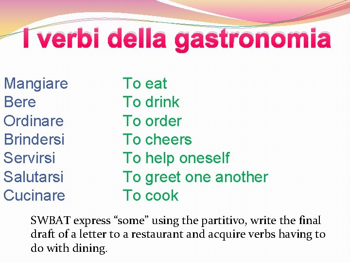 I verbi della gastronomia Mangiare Bere Ordinare Brindersi Servirsi Salutarsi Cucinare To eat To