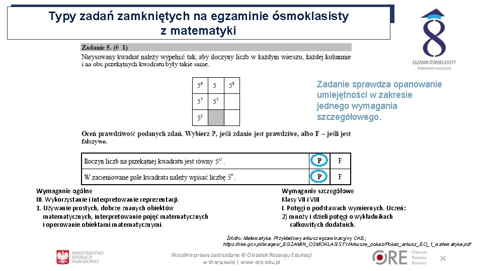 Typy zadań zamkniętych na egzaminie ósmoklasisty z matematyki Zadanie sprawdza opanowanie umiejętności w zakresie