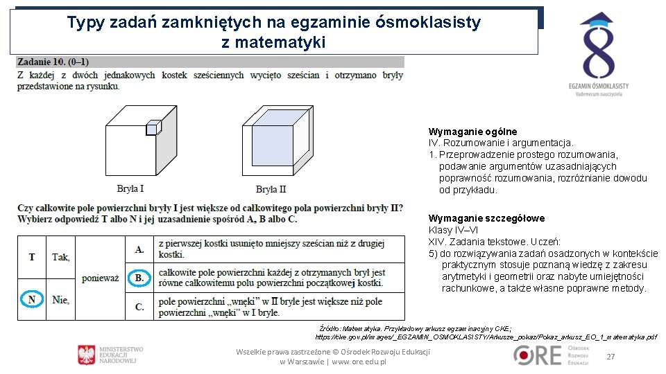 Typy zadań zamkniętych na egzaminie ósmoklasisty z matematyki Wymaganie ogólne IV. Rozumowanie i argumentacja.