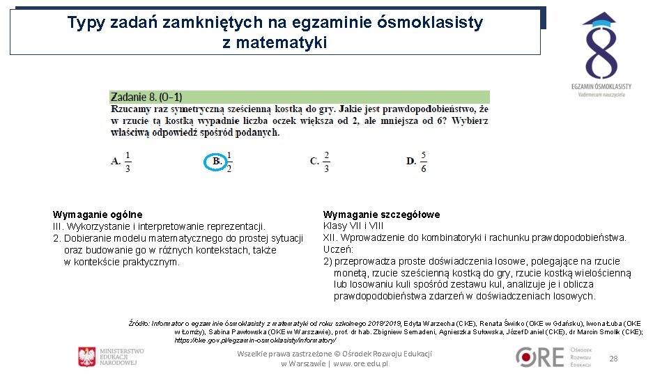 Typy zadań zamkniętych na egzaminie ósmoklasisty z matematyki Wymaganie ogólne III. Wykorzystanie i interpretowanie