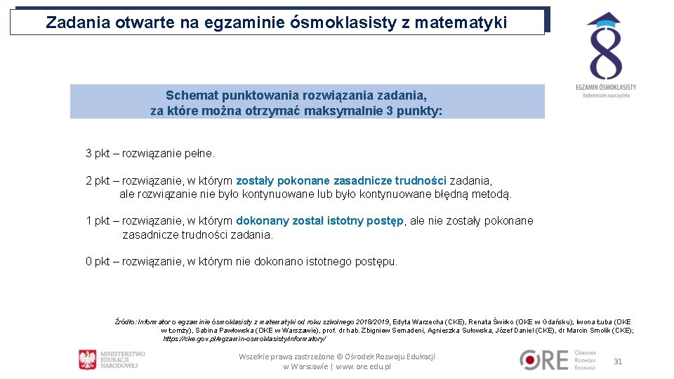 Zadania otwarte na egzaminie ósmoklasisty z matematyki Schemat punktowania rozwiązania zadania, za które można