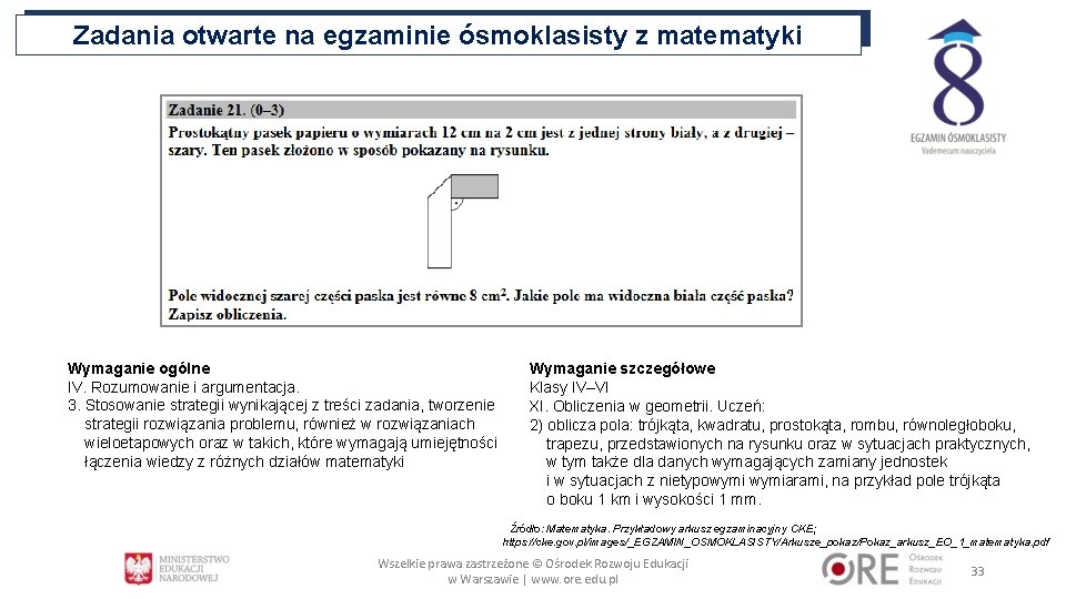 Zadania otwarte na egzaminie ósmoklasisty z matematyki Wymaganie ogólne IV. Rozumowanie i argumentacja. 3.