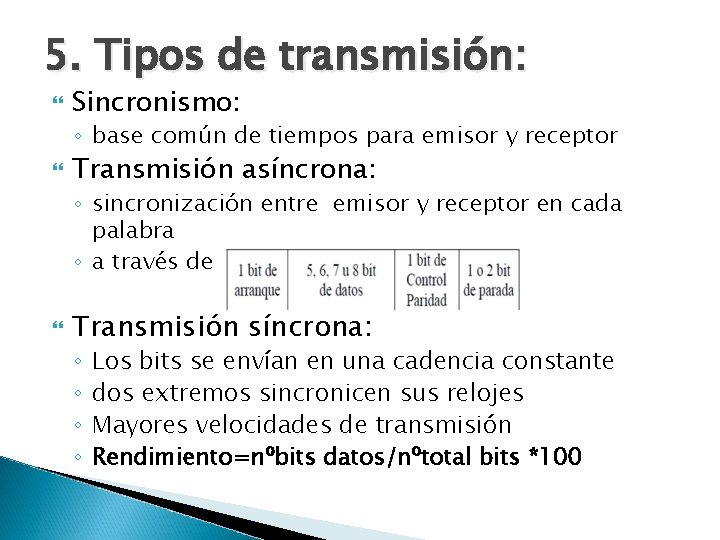 5. Tipos de transmisión: Sincronismo: ◦ base común de tiempos para emisor y receptor