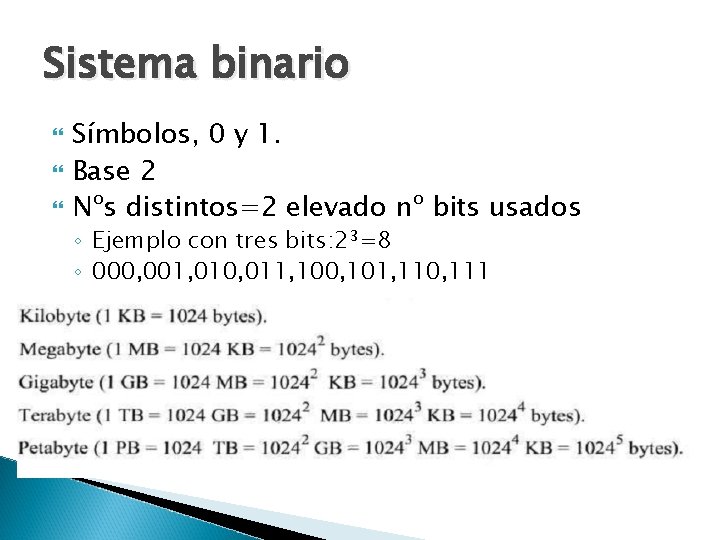 Sistema binario Símbolos, 0 y 1. Base 2 Nºs distintos=2 elevado nº bits usados