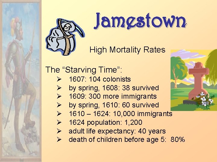 Jamestown High Mortality Rates The “Starving Time”: Ø Ø Ø Ø 1607: 104 colonists