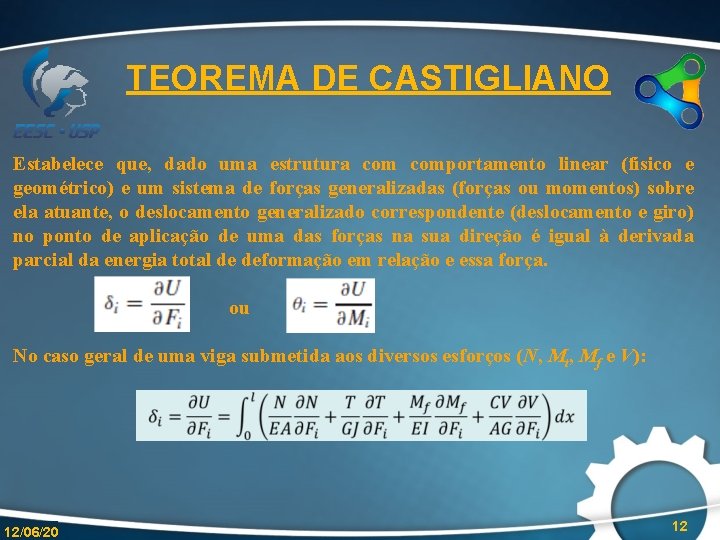 TEOREMA DE CASTIGLIANO Estabelece que, dado uma estrutura comportamento linear (físico e geométrico) e