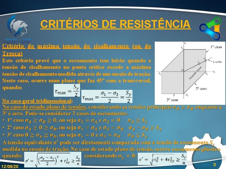 CRITÉRIOS DE RESISTÊNCIA Critério de máxima tensão de cisalhamento (ou de Tresca) Este critério