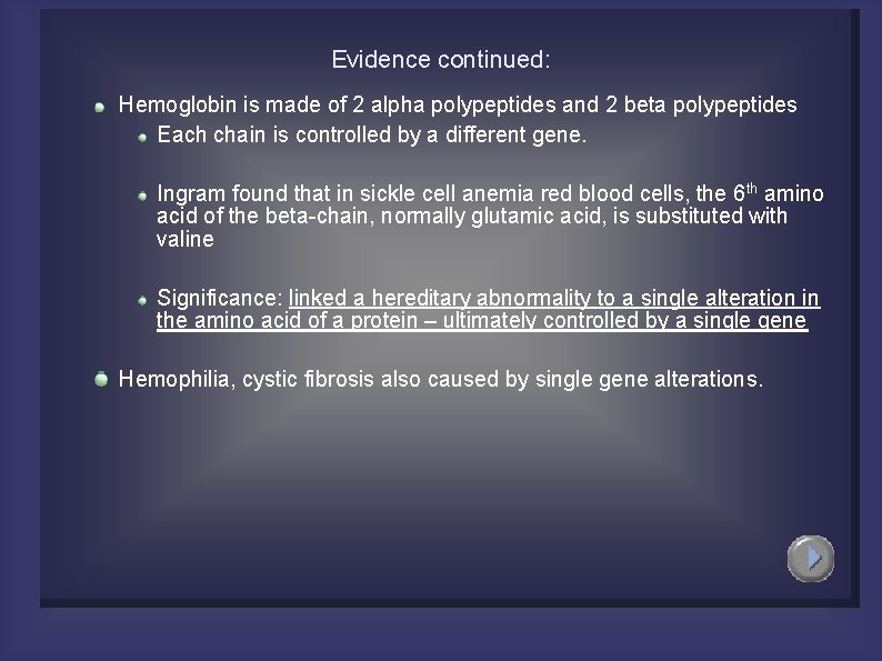 Evidence continued: Hemoglobin is made of 2 alpha polypeptides and 2 beta polypeptides Each