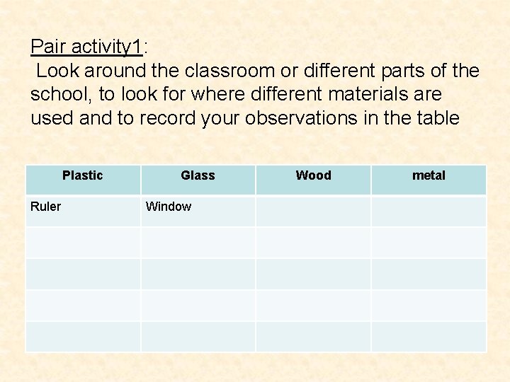 Pair activity 1: Look around the classroom or different parts of the school, to