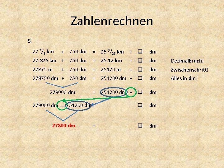 Zahlenrechnen 8. 27 7/8 km + 250 dm = 25 3/25 km + dm