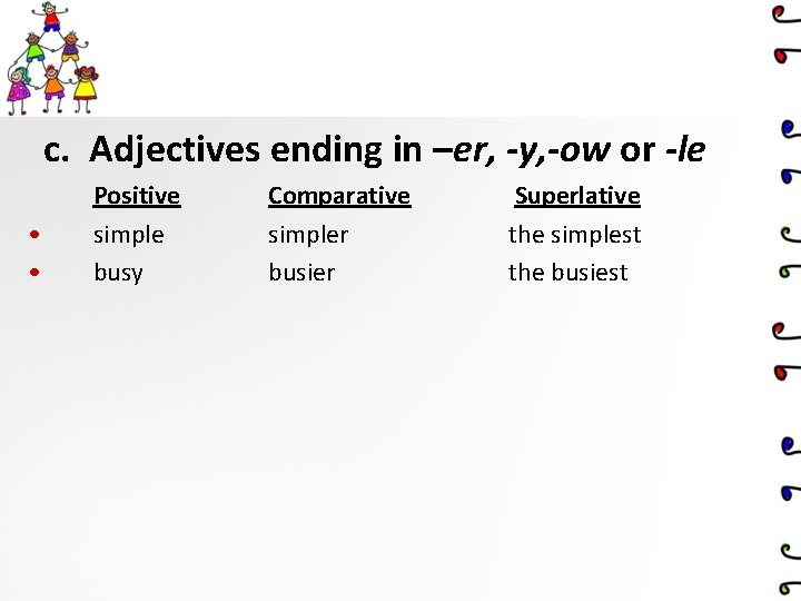 c. Adjectives ending in –er, -y, -ow or -le • • Positive simple busy