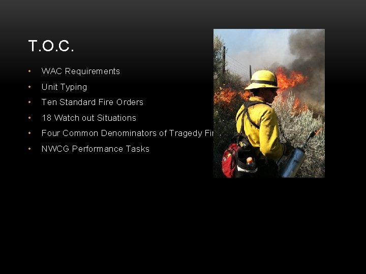 T. O. C. • WAC Requirements • Unit Typing • Ten Standard Fire Orders
