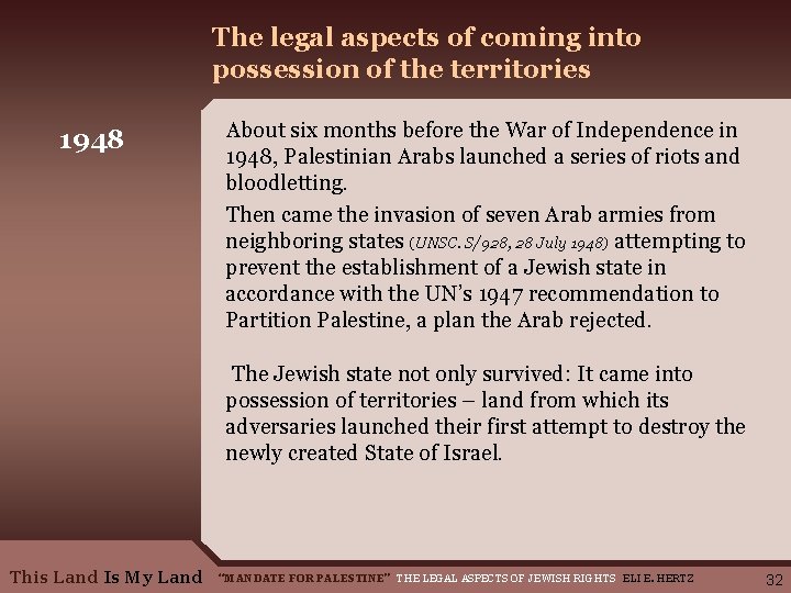 The legal aspects of coming into possession of the territories 1948 About six months