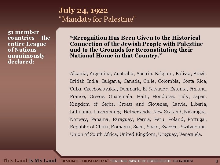July 24, 1922 “Mandate for Palestine” 51 member countries – the entire League of
