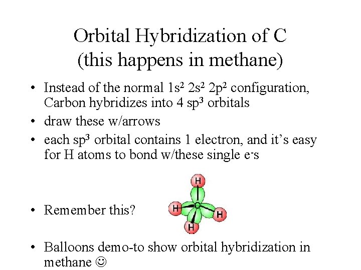 Orbital Hybridization of C (this happens in methane) • Instead of the normal 1