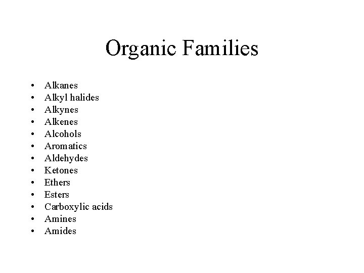 Organic Families • • • • Alkanes Alkyl halides Alkynes Alkenes Alcohols Aromatics Aldehydes