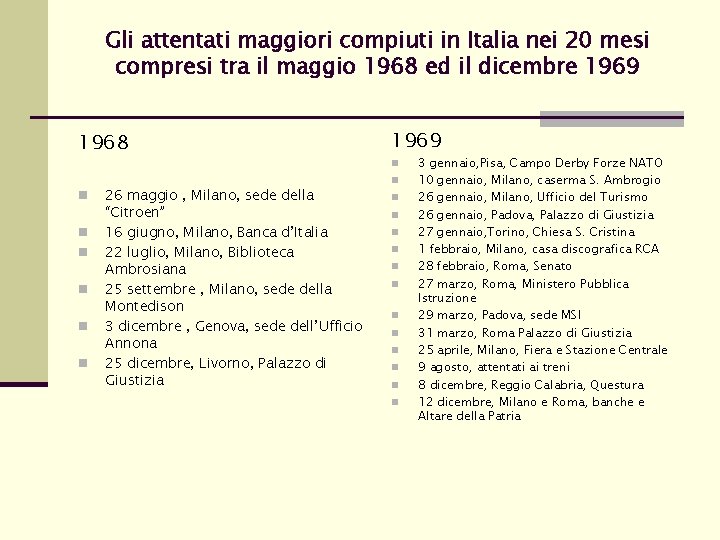 Gli attentati maggiori compiuti in Italia nei 20 mesi compresi tra il maggio 1968