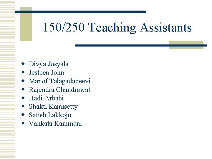 150/250 Teaching Assistants w w w w Divya Josyala Jesteen John Manof Talagadadeevi Rajendra