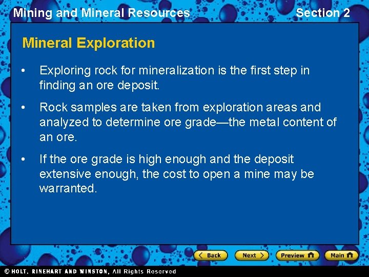 Mining and Mineral Resources Section 2 Mineral Exploration • Exploring rock for mineralization is