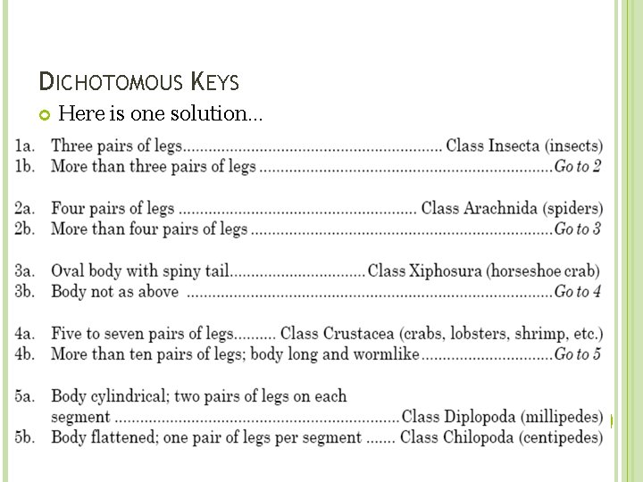 DICHOTOMOUS KEYS Here is one solution… 