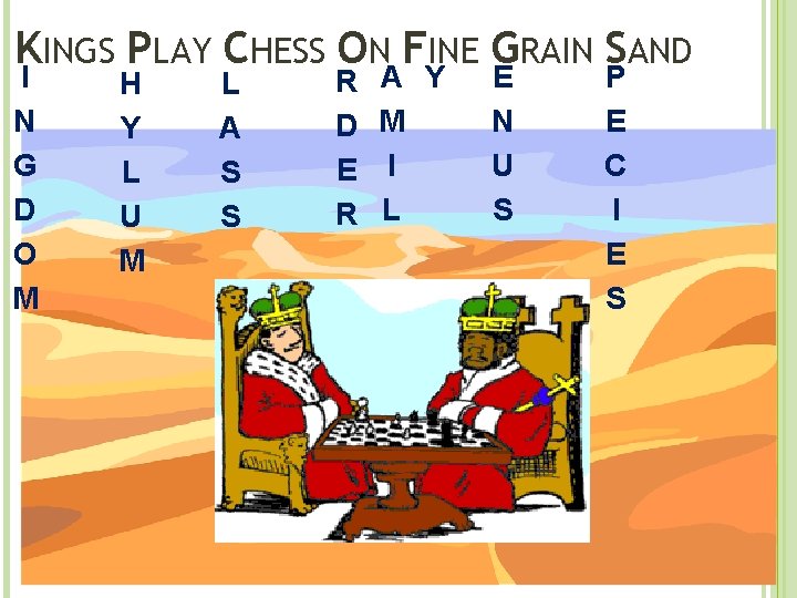 KINGS PLAY CHESS ON FINE GRAIN SAND I N G D O M H