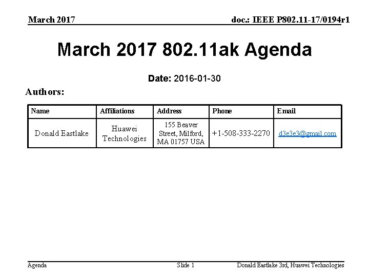 March 2017 doc. : IEEE P 802. 11 -17/0194 r 1 March 2017 802.