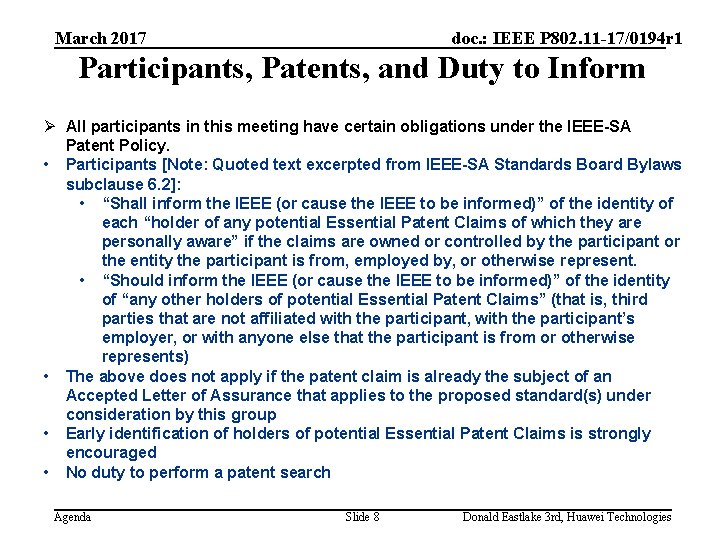 March 2017 doc. : IEEE P 802. 11 -17/0194 r 1 Participants, Patents, and