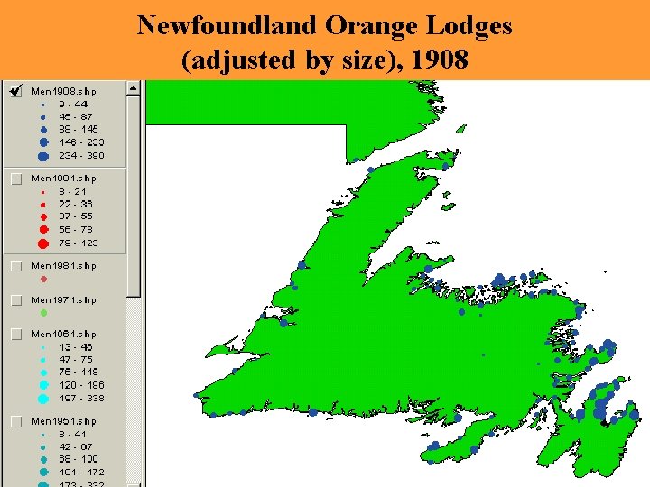 Newfoundland Orange Lodges (adjusted by size), 1908 