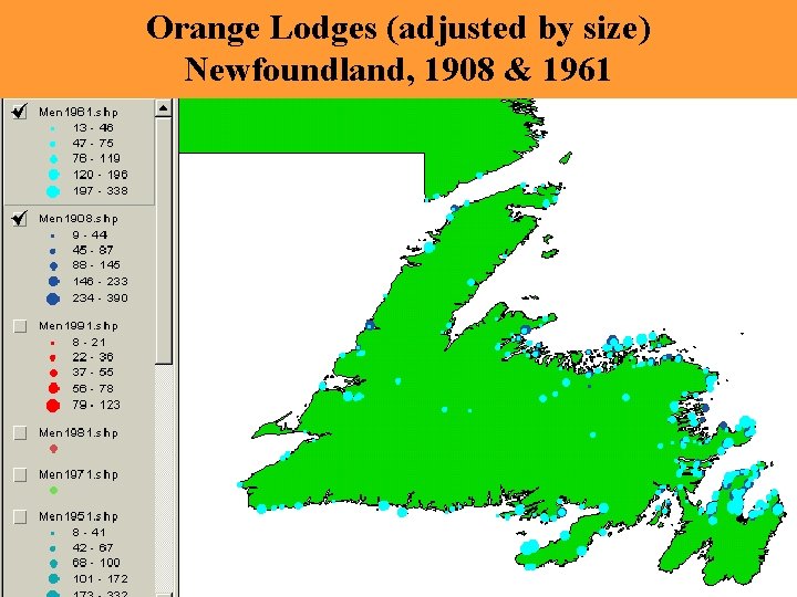 Orange Lodges (adjusted by size) Newfoundland, 1908 & 1961 