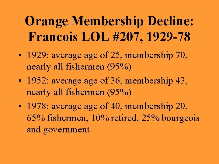 Orange Membership Decline: Francois LOL #207, 1929 -78 • 1929: average of 25, membership