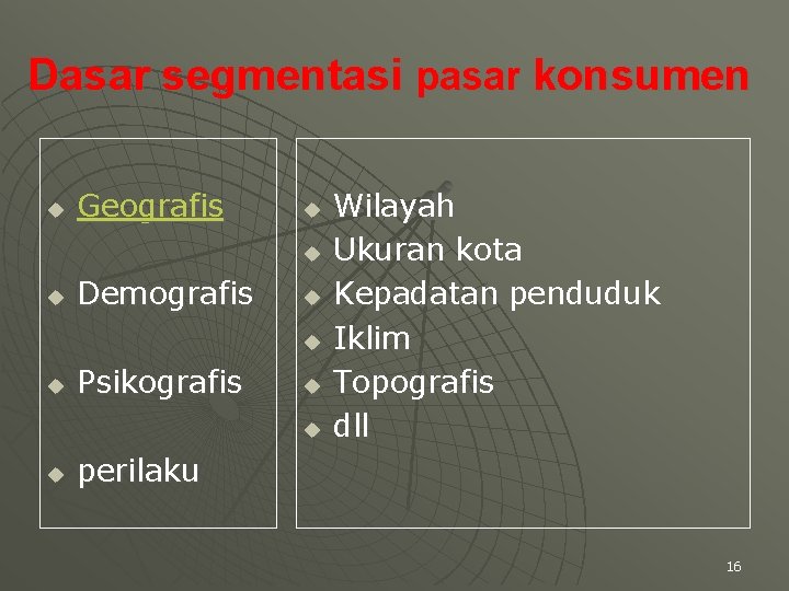 Dasar segmentasi pasar konsumen u Geografis u u u Demografis u u u Psikografis