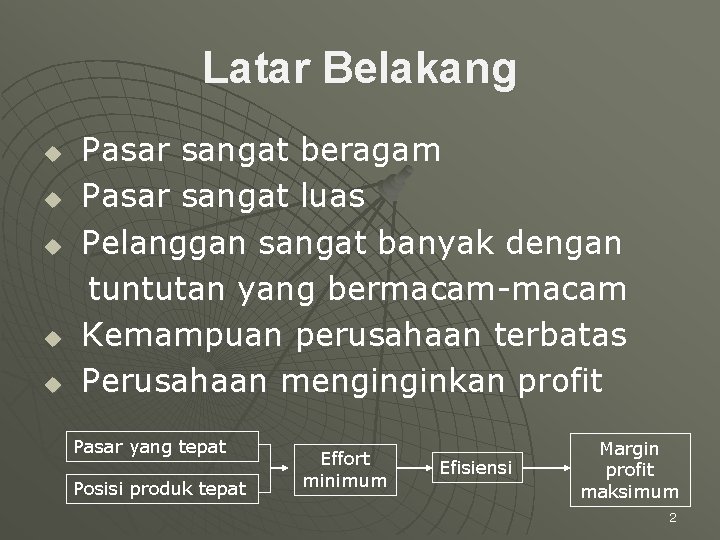 Latar Belakang u u u Pasar sangat beragam Pasar sangat luas Pelanggan sangat banyak